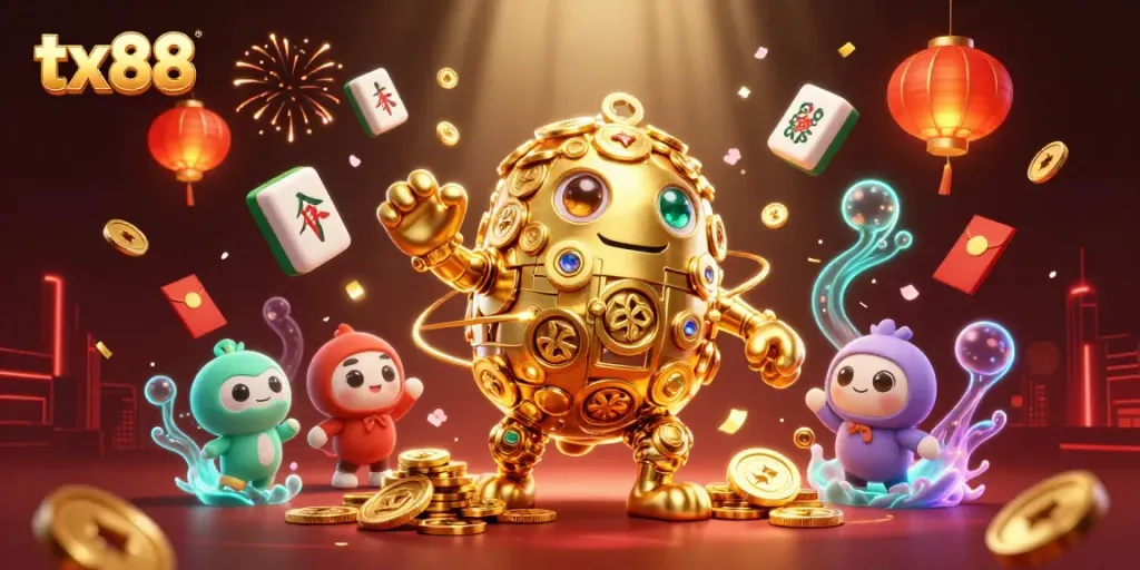 Experience gaming excitement with tx88, featuring a magical golden golem and festive elements.