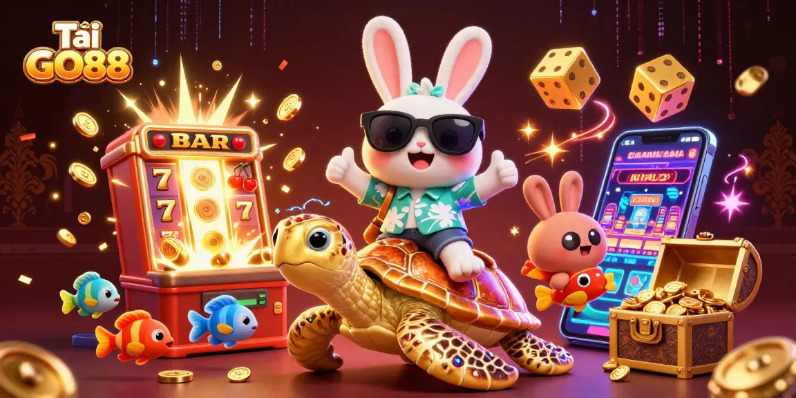 Experience the thrill with Tải GO88, featuring a lively rabbit and a golden turtle in a casino adventure.