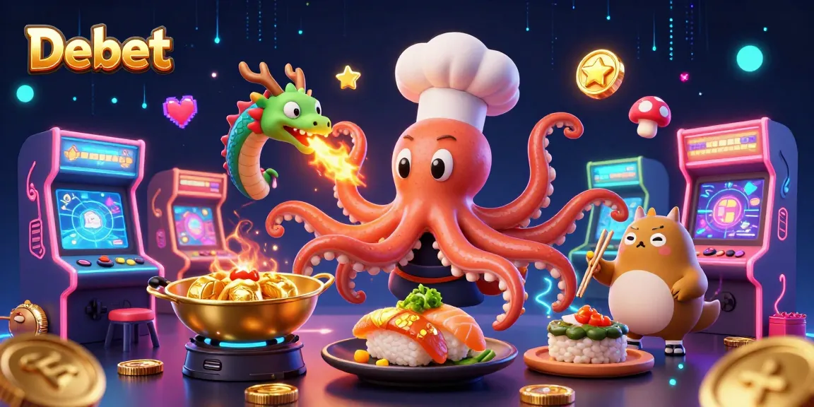 Engage with Debet in this vibrant casino scene featuring a sushi chef octopus and a dragon delivering golden dishes.