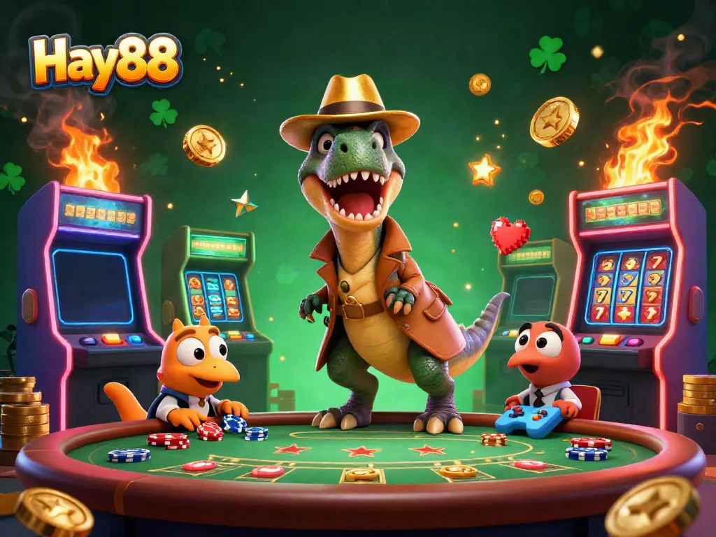 Hay88 gaming illustration with cartoon velociraptor card counter and colorful casino elements.