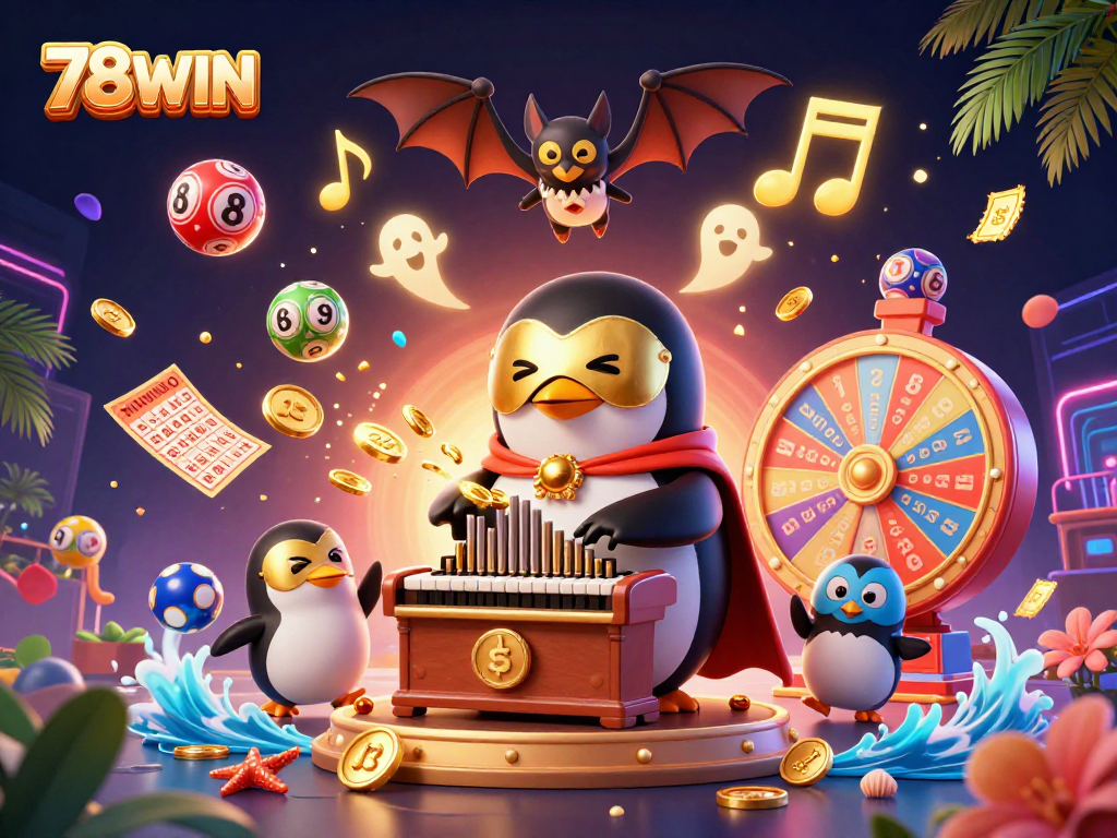 Experience the thrill of gaming at 78WIN with a colorful scene featuring a penguin playing for golden rewards in a vibrant casino.