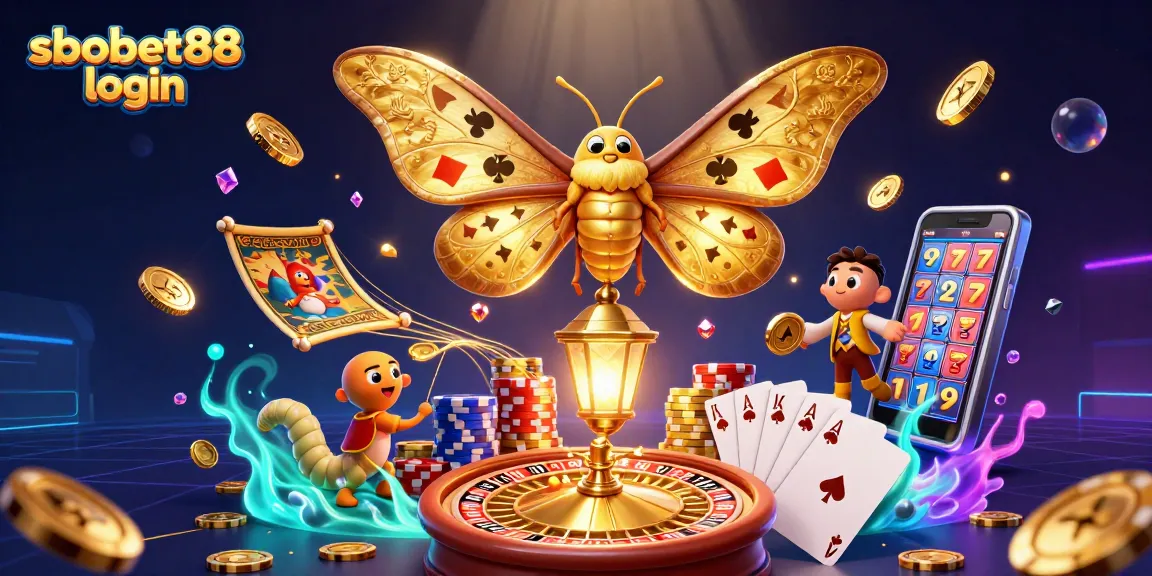 Experience sbobet88 login with vibrant casino scenes featuring golden moths and dazzling game elements.