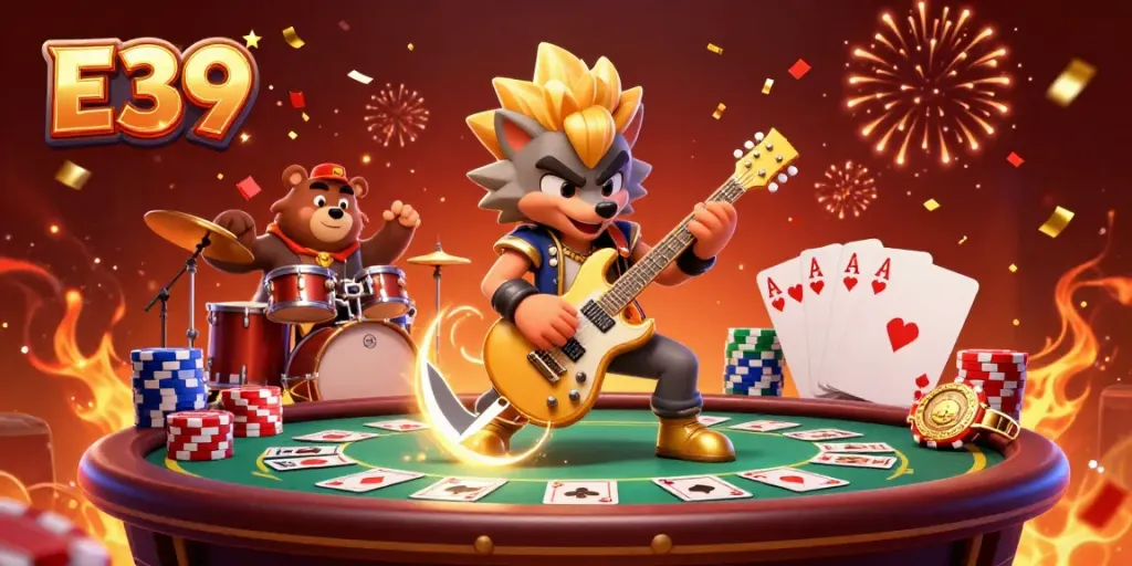 E39 showcases a vibrant casino scene with a dynamic rock star wolf and a drummer bear celebrating wins with poker chips.