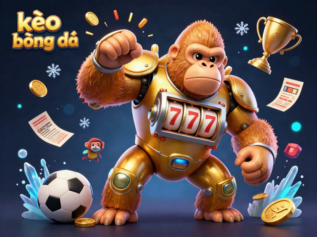Exciting scene featuring kèo bóng đá with a golden gorilla mech and sports betting elements, showcasing dynamic action and energy.