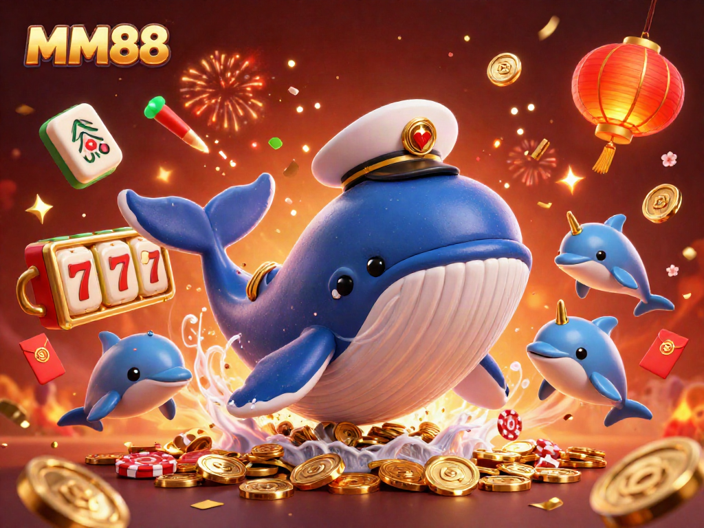 Engage with MM88 and win big, featuring a whimsical scene of a whale, narwhal, and dolphins amid vibrant casino symbols.