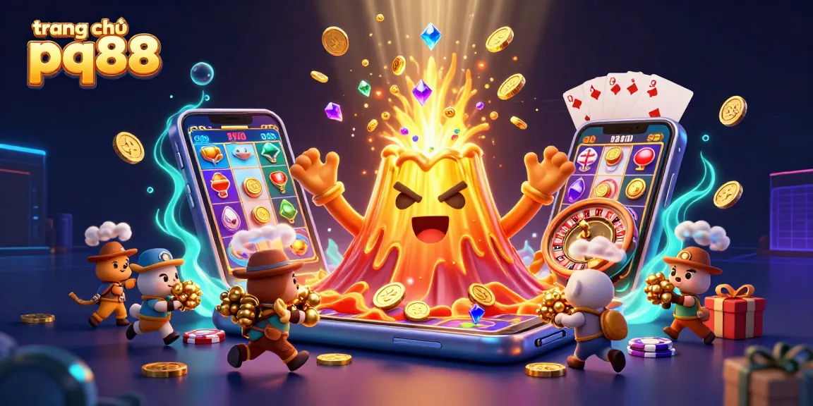 Engage with trang chủ pq88, a vibrant scene showcasing a golden volcano erupting riches amidst a thrilling casino atmosphere.
