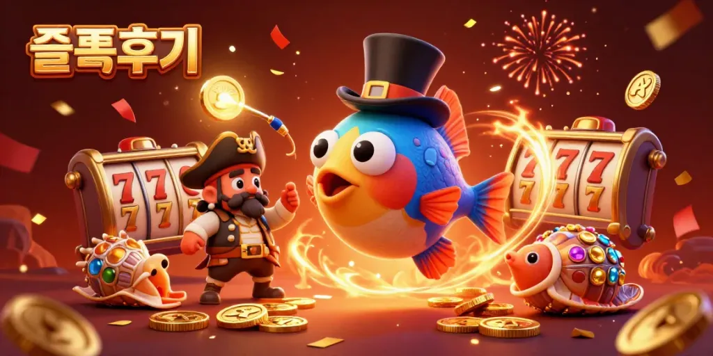 Experience thrilling moments in 슬롯후기 with vibrant slot reels and characters celebrating a jackpot.