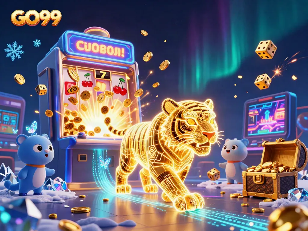 Experience thrilling casino action with GO99 as a golden tiger and data butterflies play amidst jackpot elements.