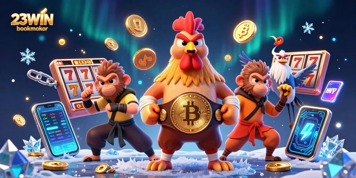 Engage with the vibrant world of 23WIN bookmaker, featuring slot reels and diverse gaming characters.