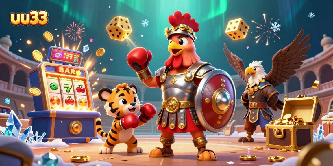 Experience thrilling wins with uu33 in this dynamic casino-themed 3D illustration bursting with action and energy.