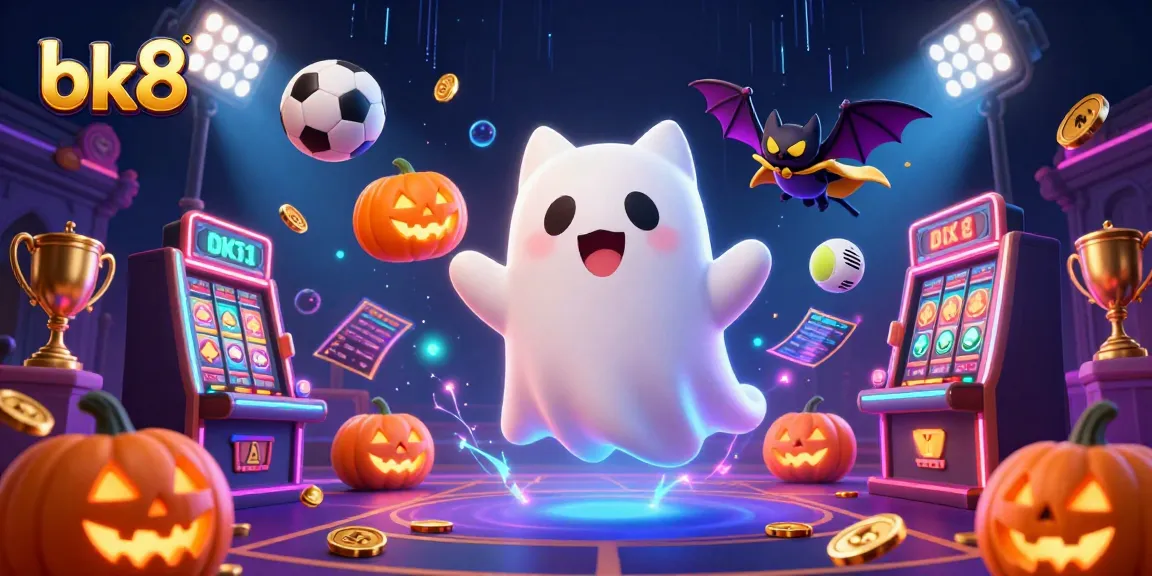 Experience exciting gaming at bk8 with a glowing ghost cat and casino elements in a vibrant haunted atmosphere.