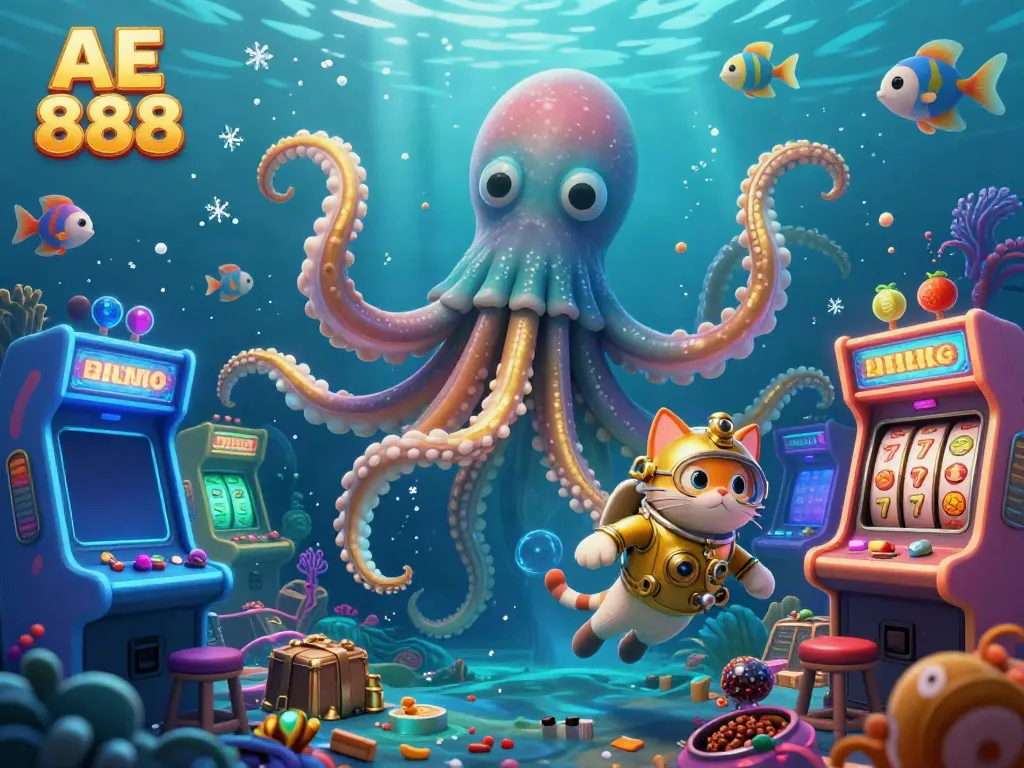 Engage with AE 888 as the kraken and diving cat joyously explore a dynamic treasure-filled casino scene.