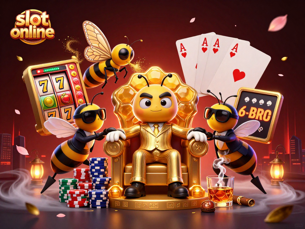 Menggali slot online dengan bumblebee sebagai bos, dikelilingi simbol keberuntungan dan suasana kasino yang meriah.