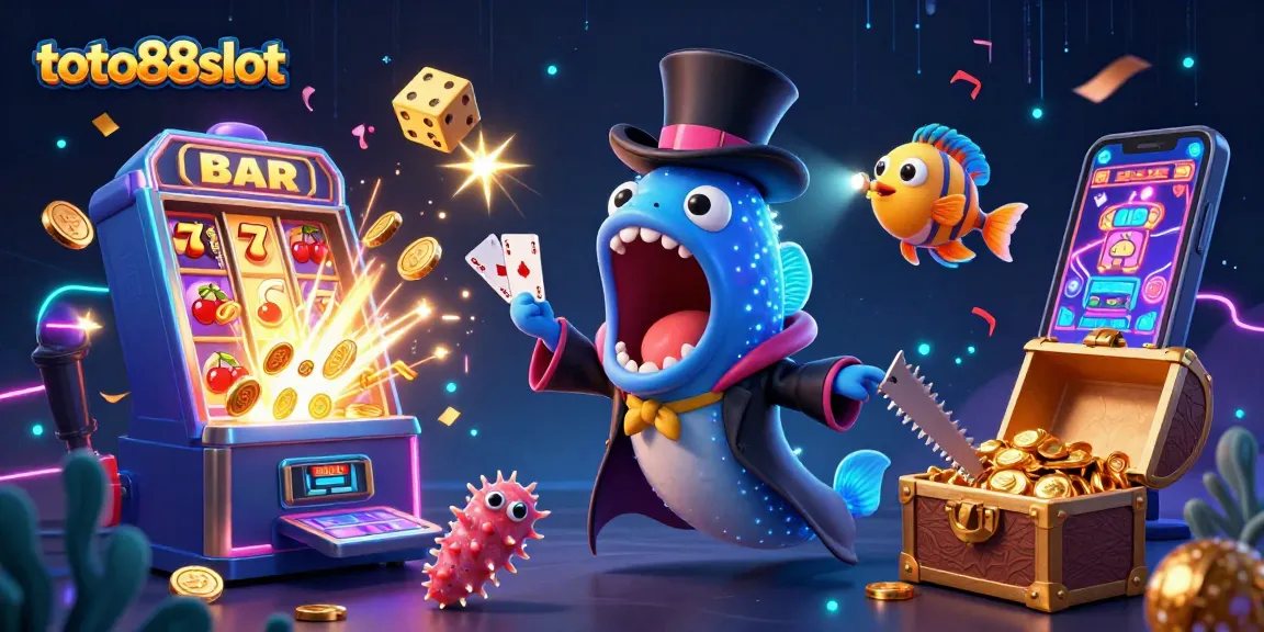 Toto88slot showcases an enchanting underwater scene with unique sea creatures performing magic tricks amidst vibrant casino elements, symbolizing thrilling gameplay.