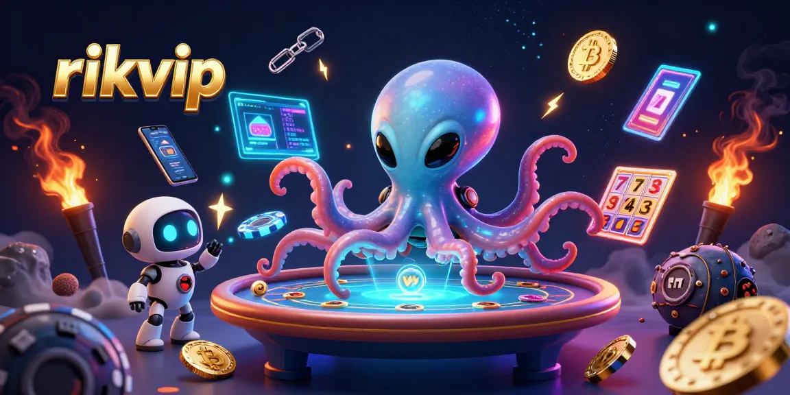 Experience exciting poker fun at rikvip with a vibrant alien octopus dealer and floating poker elements.