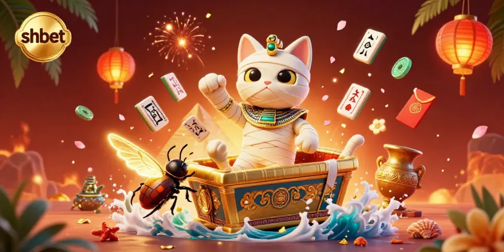 Engaging shbet casino scene featuring an Egyptian mummy cat and glowing scarab companion.