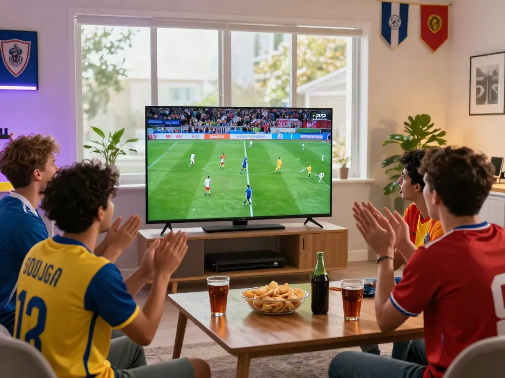 Friends enjoying a live soccer match on Socolive with snacks and enthusiasm.