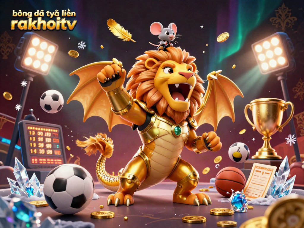 Experience bóng đá trực tuyến rakhoitv with a dynamic 3D illustration showcasing sports betting elements
