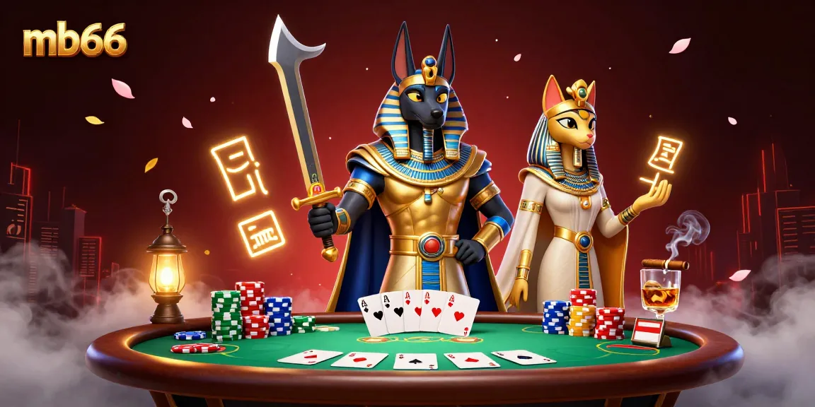 Play with mb66 at an Egyptian-themed poker table with Anubis and Bastet in an action-packed scene.