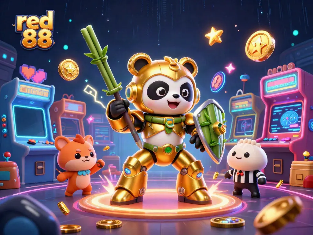 Experience the excitement at red 88 with a mech-suit panda in a vibrant casino arena.