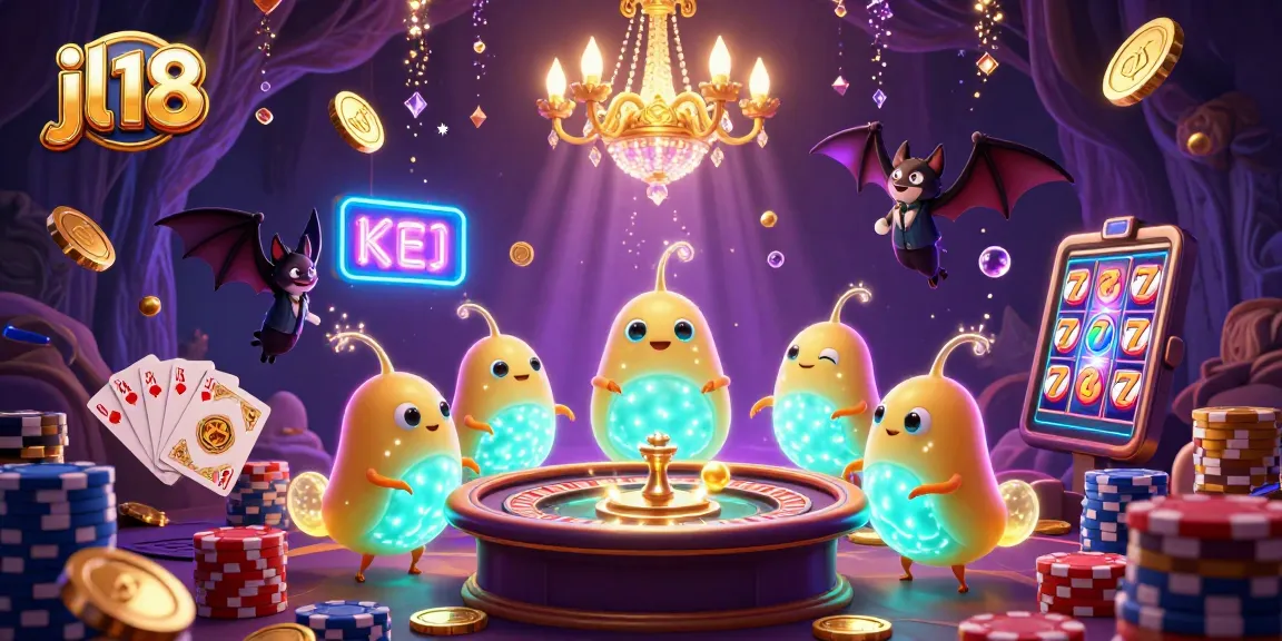 jl18 Casino scene with glowworms illuminating games, dynamic coins, and a bat dealer.