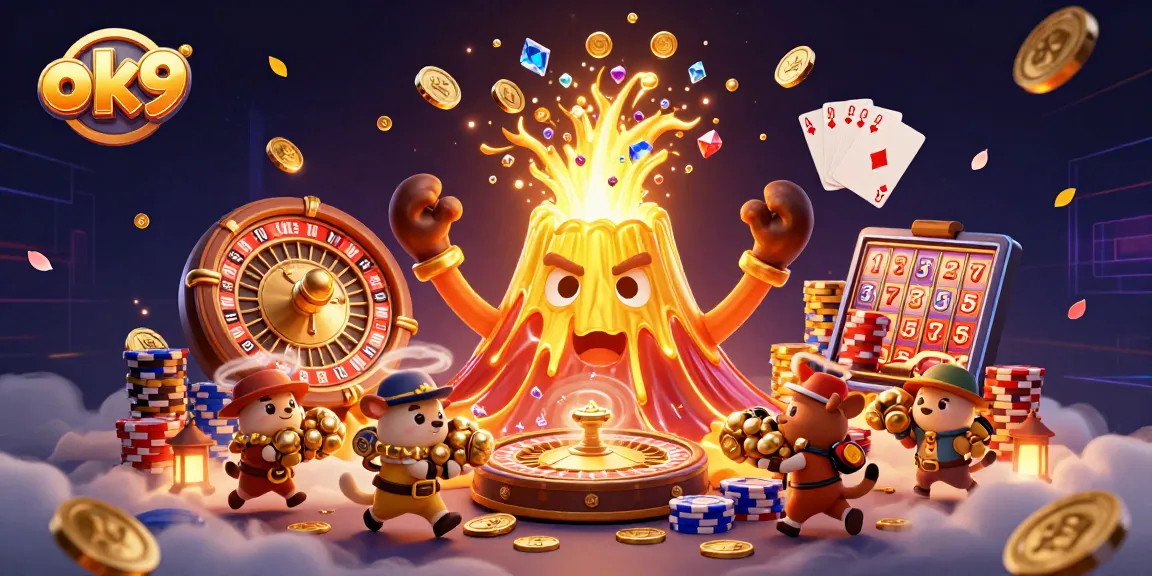 Spin and win at OK9 with golden volcano erupting coins and treasure in this vibrant casino illustration.