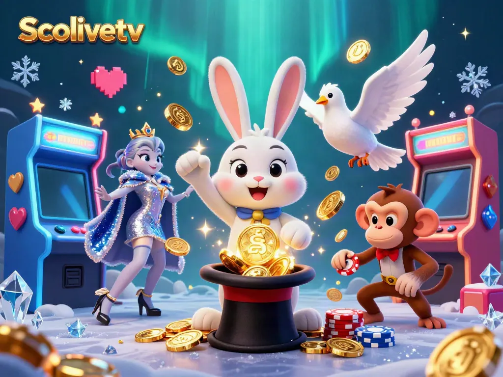 Socolivetv showcasing a magician rabbit pulling coins, a dove, and a monkey with gaming elements.