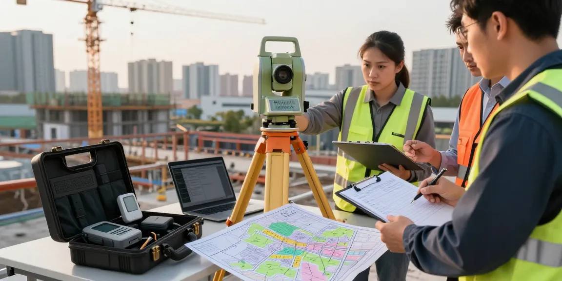 Topographical surveys london: Surveyor using total station at a construction site in London.