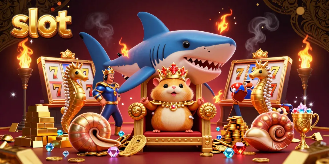 Win big with vibrant slot games featuring a golden hamster king amidst treasures and rewards.