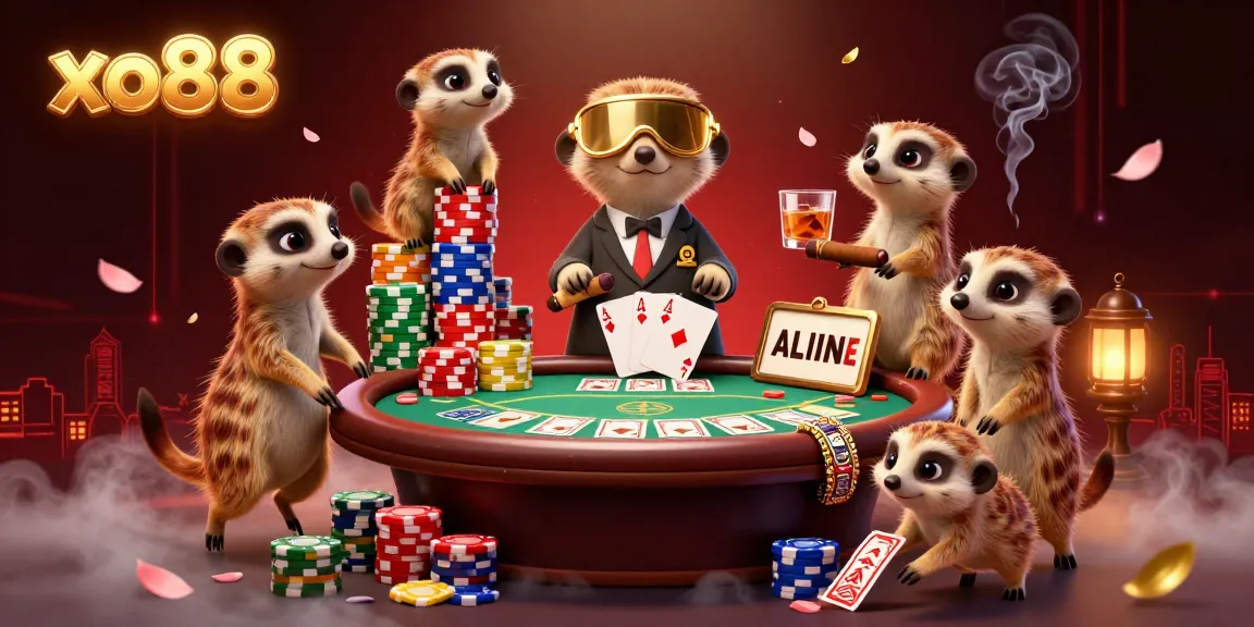 Xo88's vibrant casino scene showcases meerkats dealing cards, with colorful poker chips and sparkling elements.