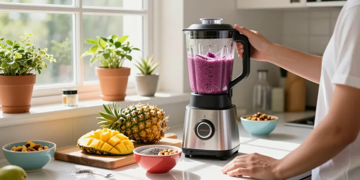 Camu camu powder being blended into a vibrant smoothie with fresh tropical fruits and healthy toppings