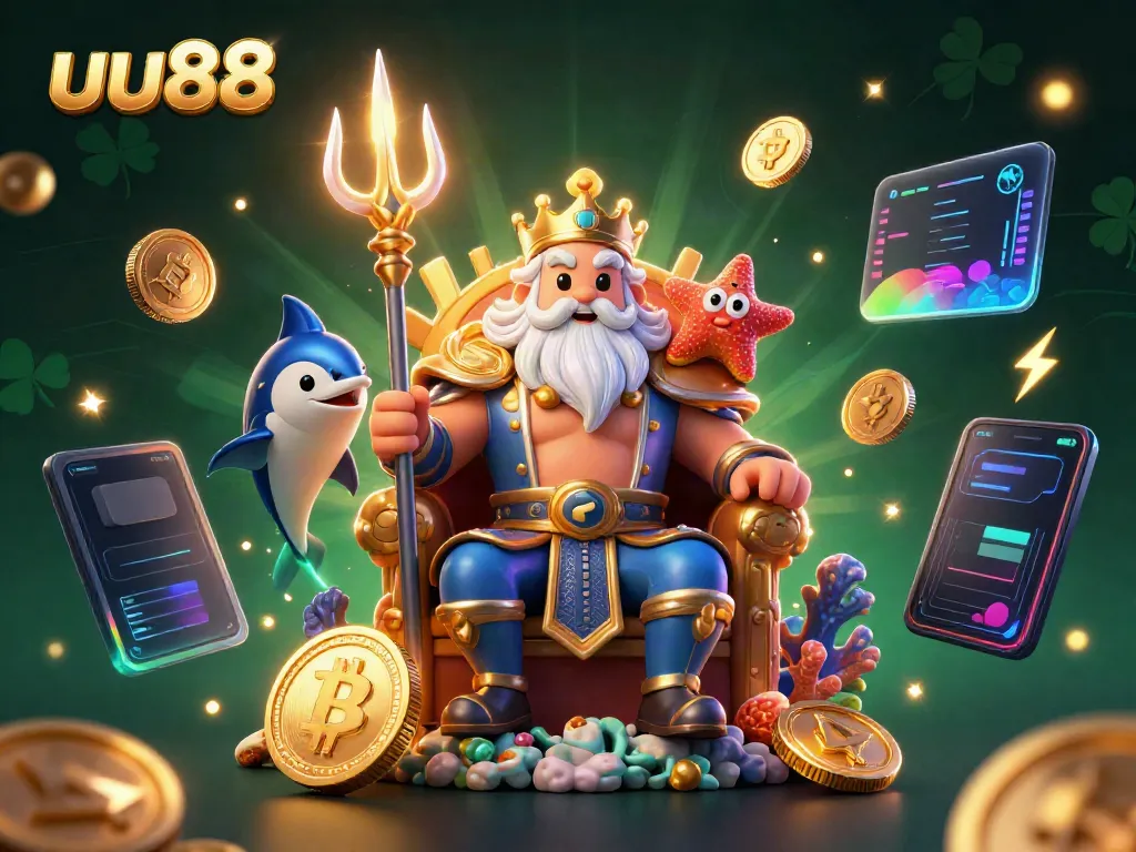 Experience thrilling games at uu88 with Neptune at his coral throne surrounded by vibrant casino elements.