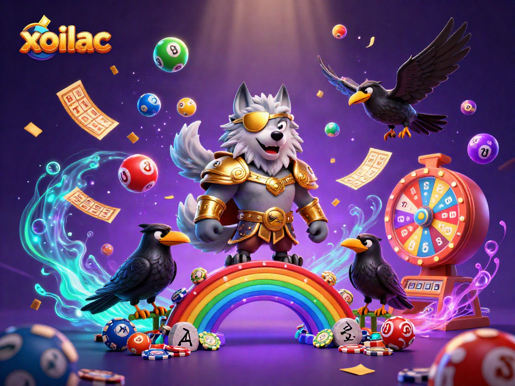 Engage with xoilac through a vibrant Norse-inspired 3D casino scene featuring colorful lottery elements.