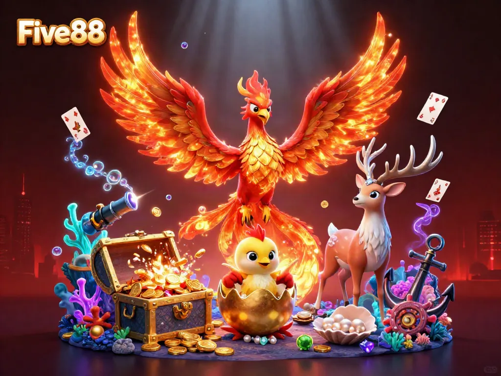 Experience vibrant gameplay with Five88 in a fiery casino-themed 3D illustration featuring mystical characters.