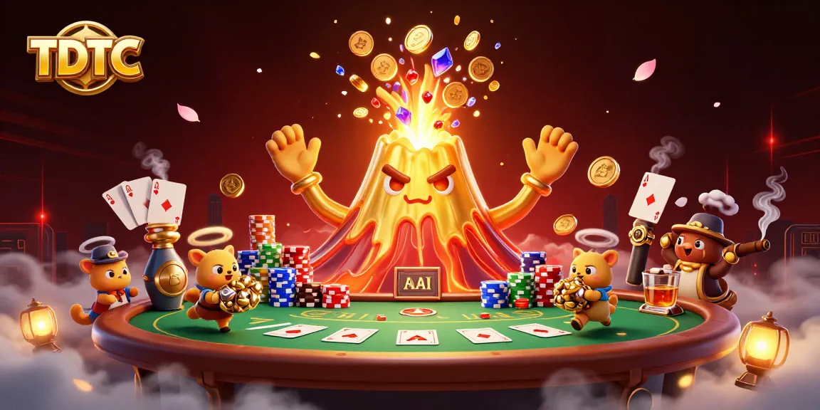 Engage with the thrilling world of TDTC as a golden volcano erupts coins and treasures amidst poker elements.