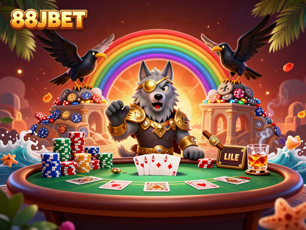 Experience the excitement of 88JBET with captivating visuals of casino games and a mythical scene.
