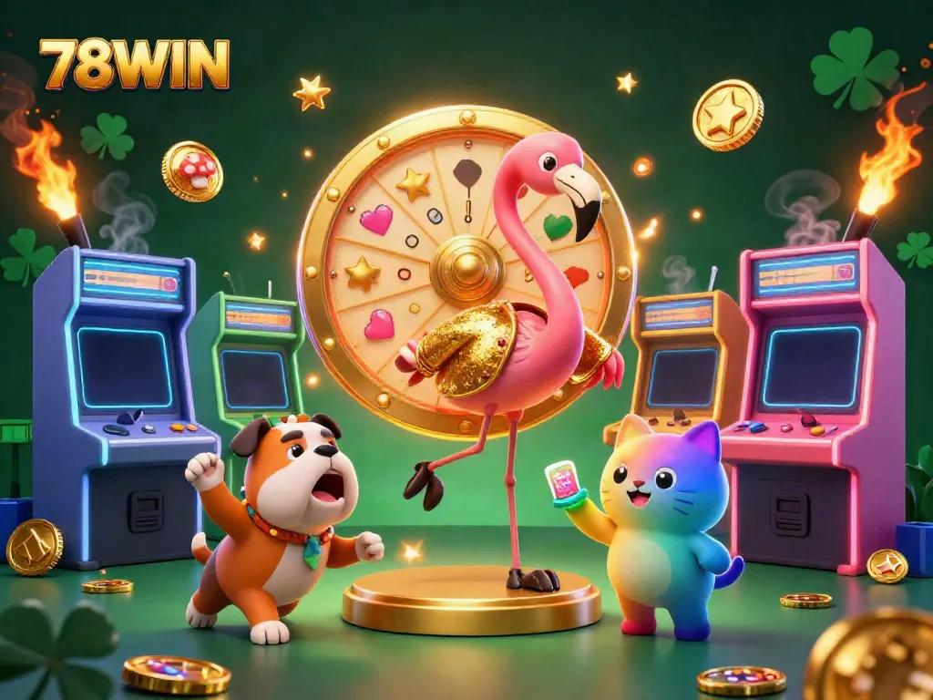 Engaging scene of game show with flamingo host and excited bulldog contestant celebrating at 78WIN casino.