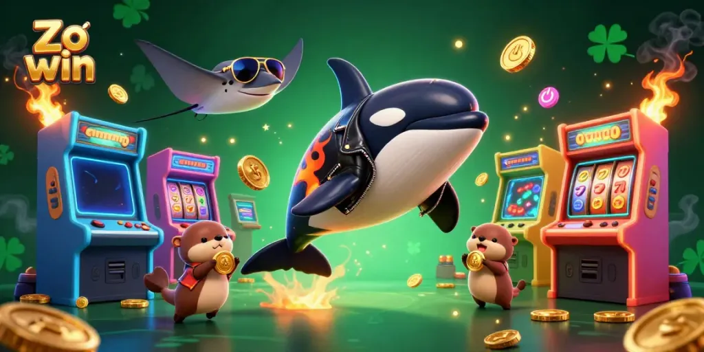 Experience big wins at Zo win with a vibrant 3D casino scene featuring playful sea creatures.