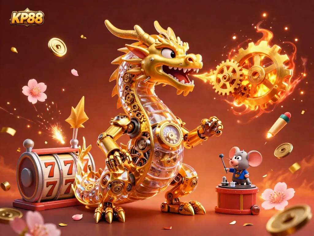 Experience the thrilling world of KP88 with a dynamic 3D illustration featuring a golden dragon and slot reels.