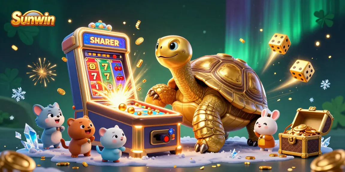 Experience Sunwin's thrilling jackpot with a playful golden tortoise as its centerpiece in this festive casino scene.