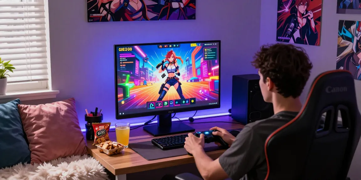 Immersive scene of a player enjoying a trans hentai game on a computer, featuring snacks and colorful decor.