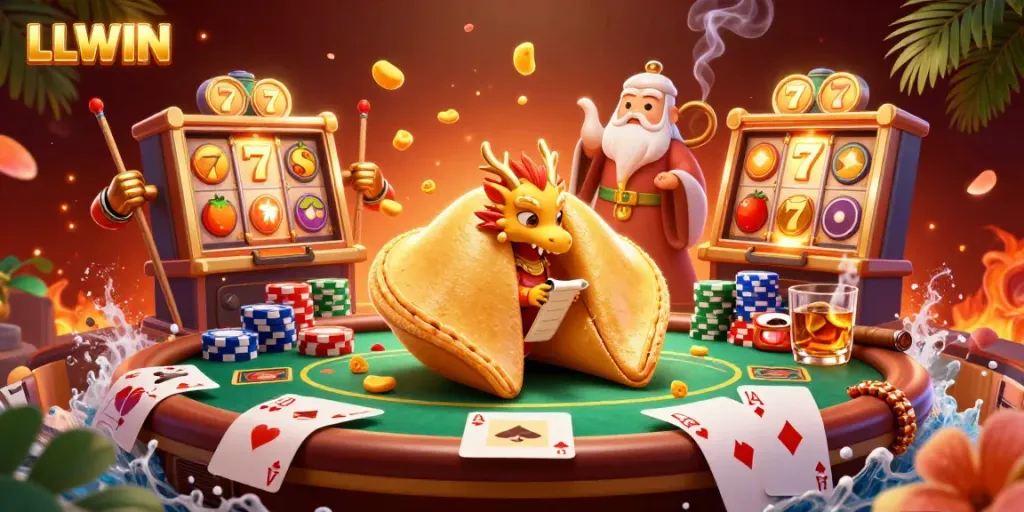Experience the thrilling LLWIN jackpot action with a vibrant casino scene featuring slot reels and a wise dragon.