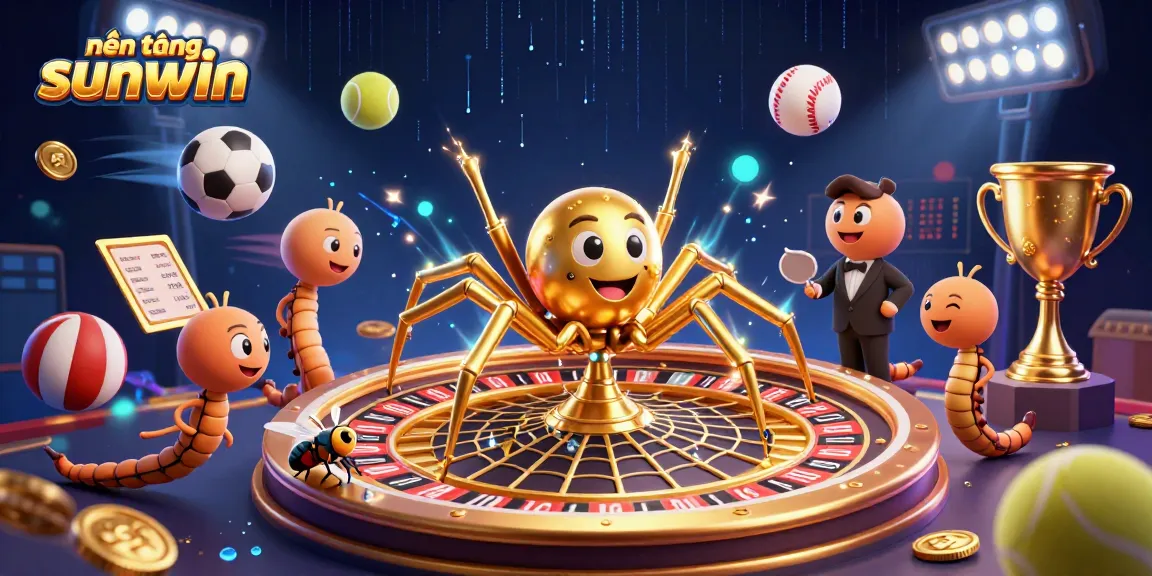 Bet on the vibrant nền tảng sunwin, featuring a golden spider and centipede croupier with dynamic sports elements.
