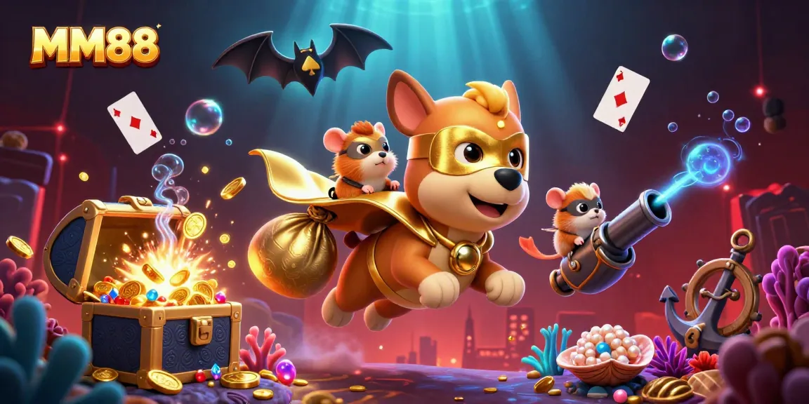 Experience thrilling MM88 betting adventures with a superhero dog and vibrant casino elements.