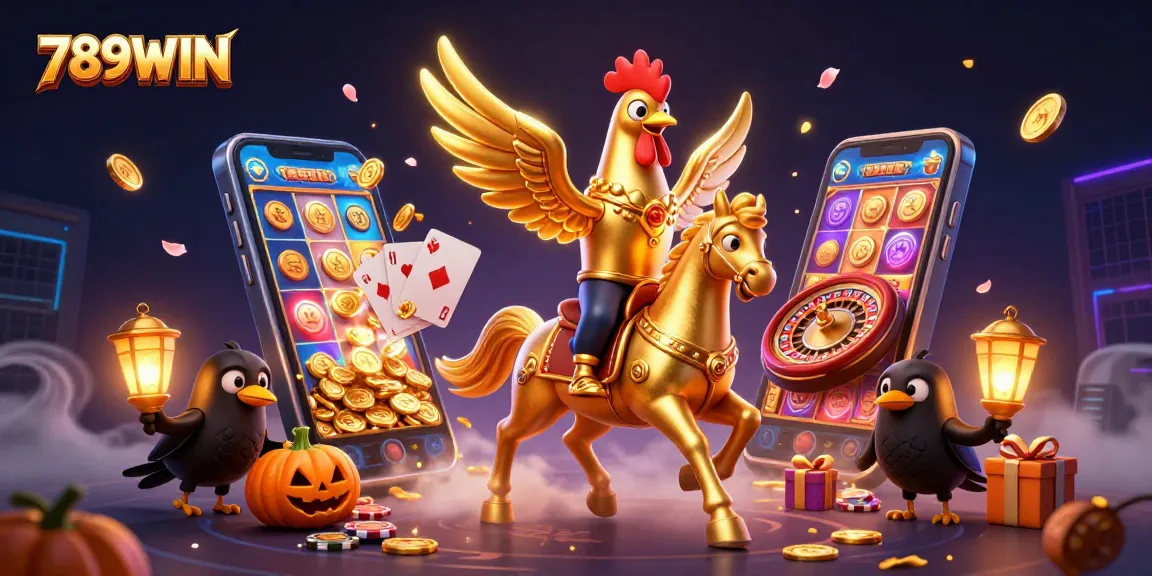 Experience thrilling gameplay at 789WIN with a 3D golden rooster leading a vibrant casino scene.