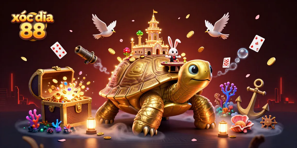 Playing xóc đĩa 88 to win big, vibrant 3D casino scene with a tortoise and dealer.