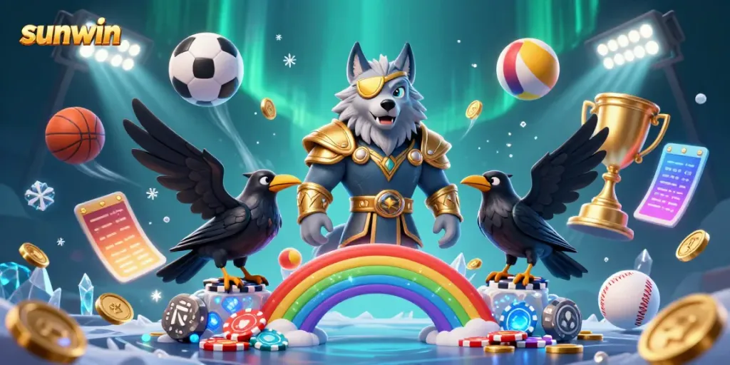 Engage with sunwin's vibrant casino world featuring a Norse-inspired wolf and dynamic sports elements.