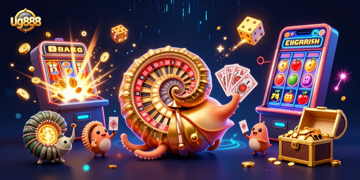 Engage with ug888 in this vibrant 3D illustration showcasing dynamic casino elements like slot machines and roulette.