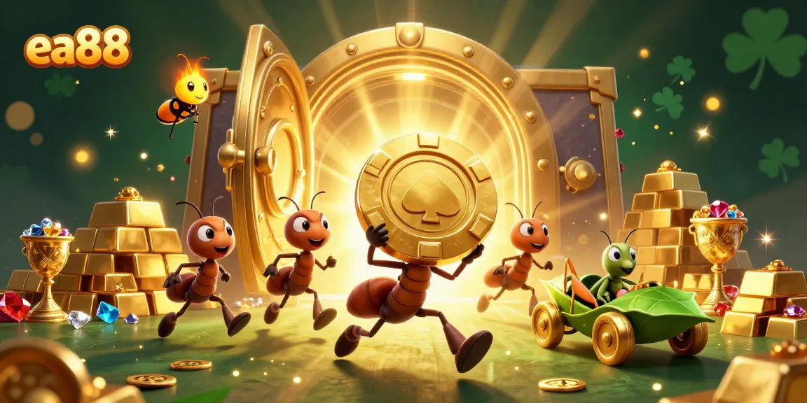 ea88 inspired scene with ants heist, poker chip, and shimmering casino treasures.