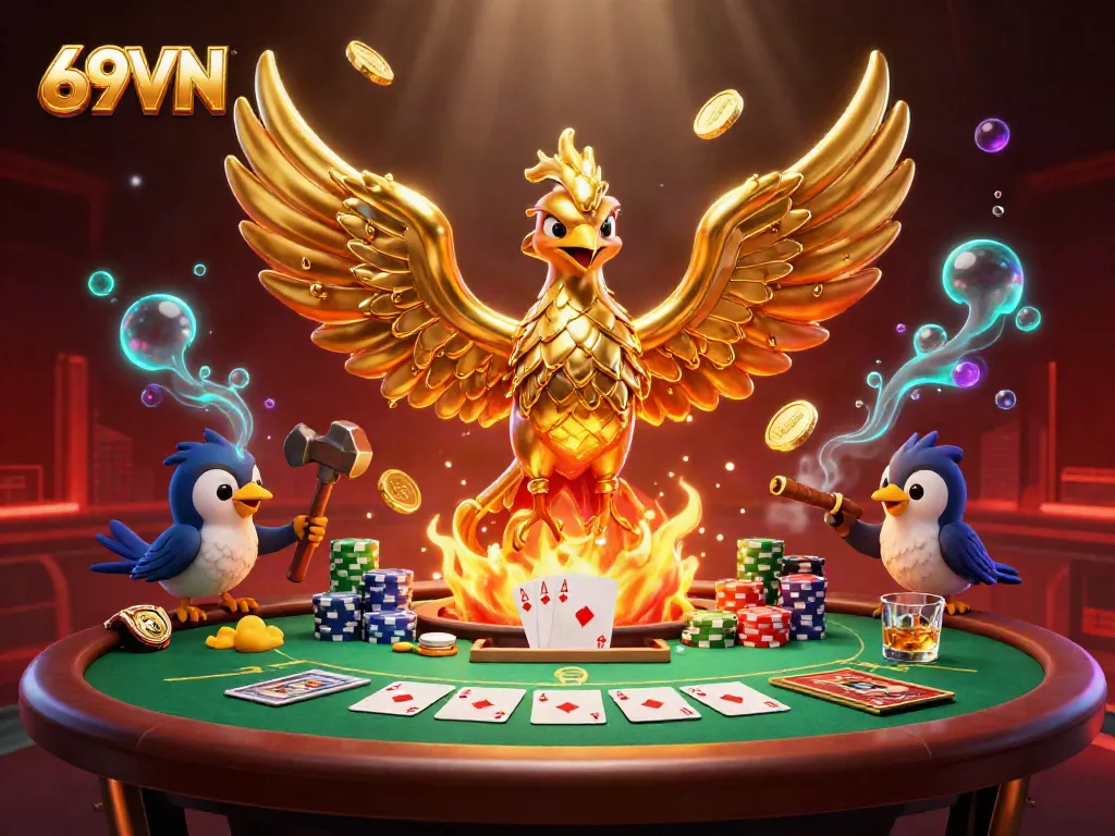 Experience thrilling gameplay at 69VN with molten gold phoenix, poker elements, and vibrant casino atmosphere.